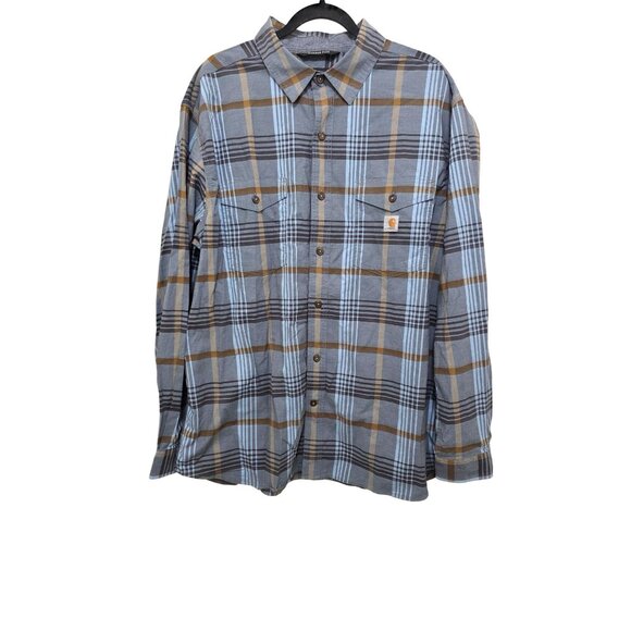 Carhartt Rugged Flex Mens Relaxed Fit Plaid Button-Up Shirt XL Blue & Brown - Picture 1 of 7